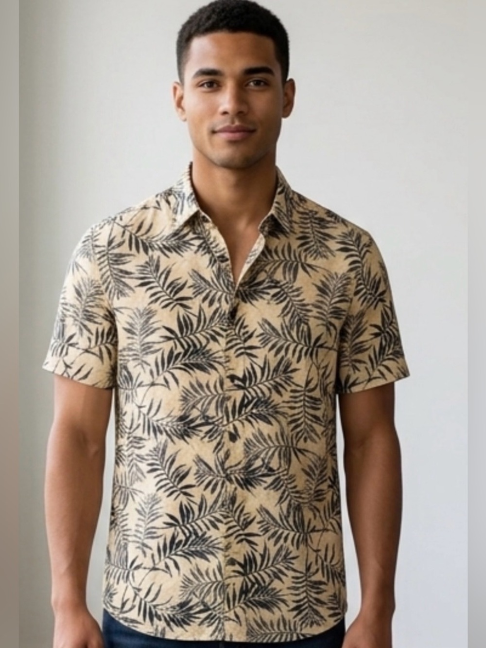 Men's Short-Sleeve Button-Down Shirt in Beige with Black Leaf Print